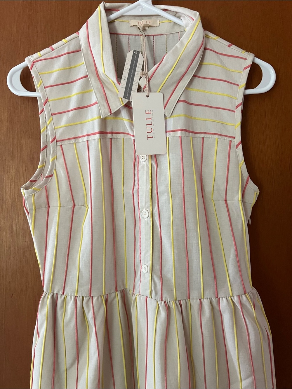 Tulle Sleeveless Button-Front Stripe Dress in White with Pink & Yellow